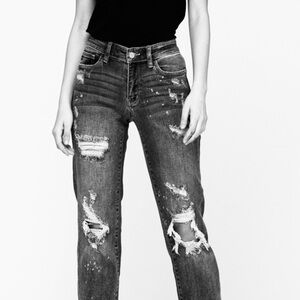 Judy Blue Bleach Splatter Raw Hem Boyfriend Jeans - Gray Wash